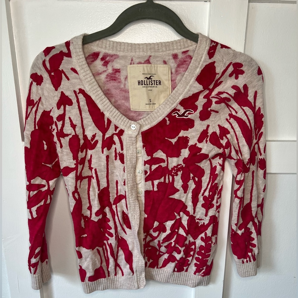 Women’s small vintage Hollister beige pink floral detail button up down cardigan